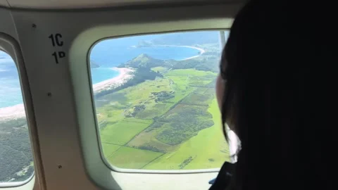 Window view of the Great Barrier Island coast in flight Stock Footage 346406028