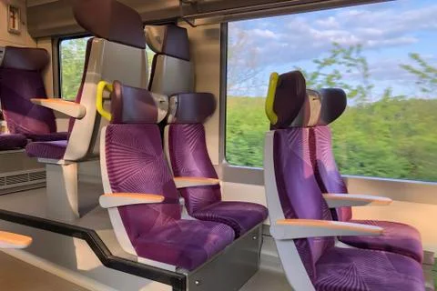 Window view of a high speed train in France An interior of a train Foto stock
