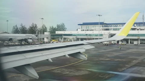 Window view of inside airplane at right wing Video stock 325173930