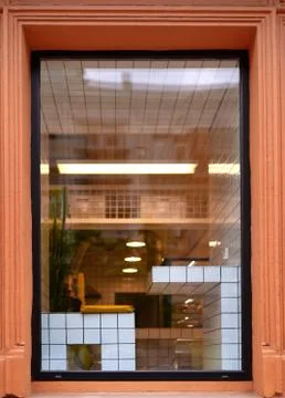 Window with a view inside the cafe Stock Photos