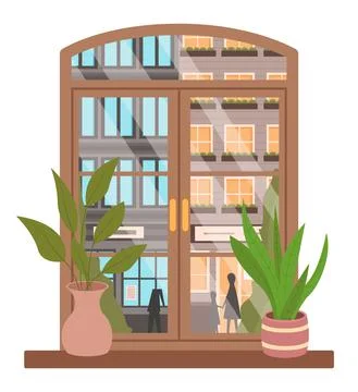 Window View from Inside, Cityscape and Street Illustrazione stock