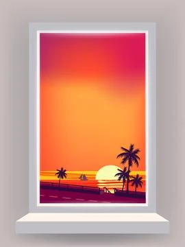 Window view interior, minimal tropical landscape, palms, sunset, cloud, beach 스톡 일러스트