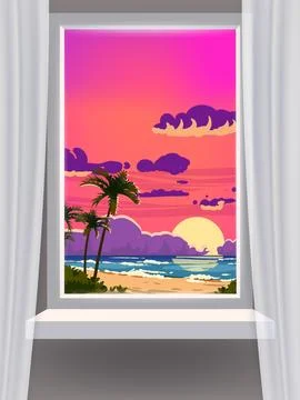 Window view interior, minimal tropical landscape, palms, sunset, cloud, beach 스톡 일러스트