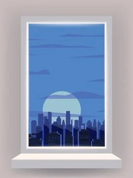 Window view interior, night city, skyscrapers, buildings, moon. Ilustración de archivo