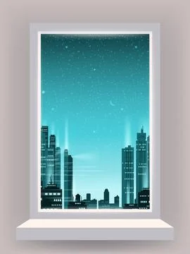 Window view interior, night city, skyscrapers, lights buildings. Ilustración de archivo
