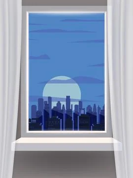 Window view interior, night city, skyscrapers, buildings, moon. Stock Illustration