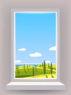 Window view interior, rural landscape, country nature Illustrazione stock
