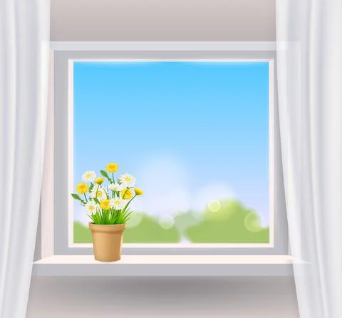 Window view in interior, spring, flower pot with flowers daisy and dandelions on Illustrazione stock