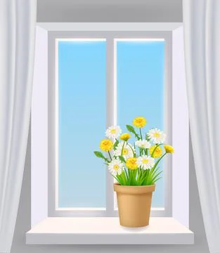 Window view in interior, spring, flower pot with flowers daisy and dandelions on Illustrazione stock