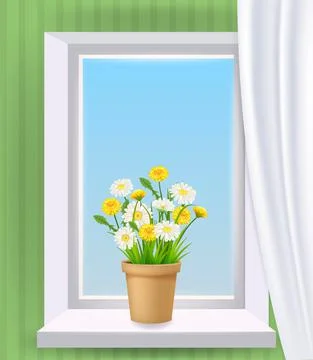 Window view in interior, spring, flower pot with flowers daisy and dandelions on Illustrazione stock