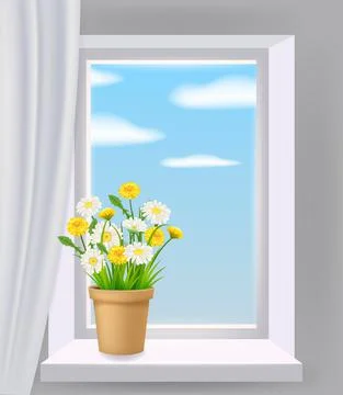 Window view in interior, spring, flower pot with flowers daisy and dandelions on Stock Illustration