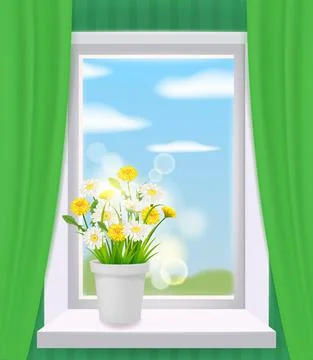 Window view in interior, spring, flower pot with flowers daisy and dandelions on Stock Illustration