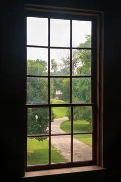 Window View at Jonathan Herrick Carriage Manufactory Barn at the Hale Farm .. Stock Photos