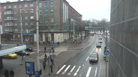 Window view of the junction of Estonia avenue and Kaubamaja street in Tallin Stock Footage 146145930