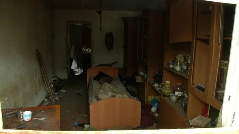 Window view of an old abandoned apartment Stock Footage 114879417