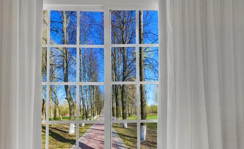 Window with a view of a park Fotos de archivo