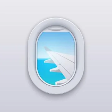 Window view plane aircraft. Plane interior travel vector flight vacation window Stock Illustration