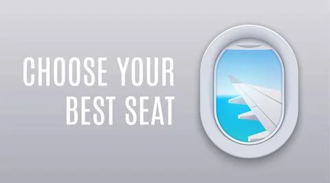 Window view plane aircraft. Plane interior travel vector flight vacation window Stock Illustration