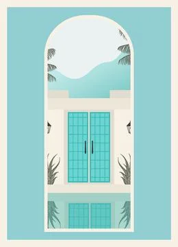 Window view with resort landscape, luxury villa minimalist architecture poster. Stock Illustration
