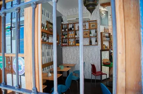 A window with a view of a restaurant Stock Photos