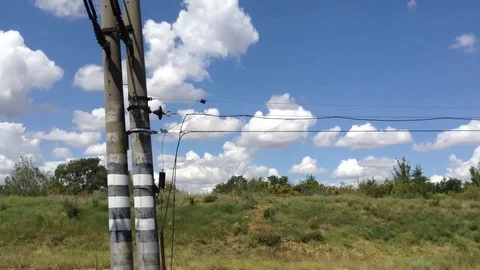 Window view From a running train with white clouds , blue sky and trees Stock Footage 121281508