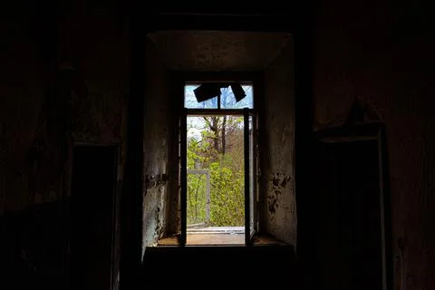 Window view of spring surroundings from an abandoned building Stock Photos