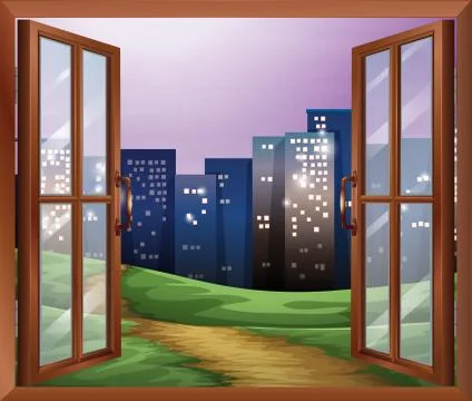 A window with a view of the tall buildings Ilustración de archivo