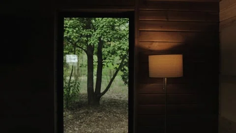 Window view from tiny wooden house, green forest outdoor, switched lamp with Video stock 256982827