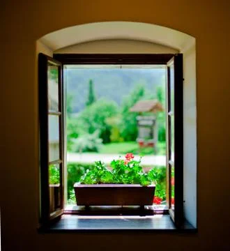 Window view towards garden Stock Photos