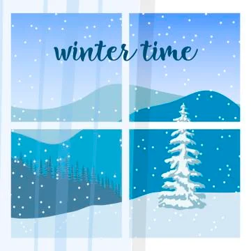 Window. View of of Winter landscape with silhouette of mountains and forest.  Stock Illustration