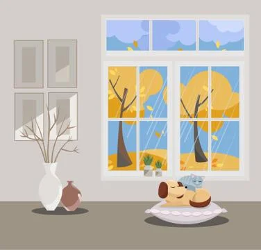 Window with a view of yellow trees and flying leaves. Autumn interior with sl Stock Illustration