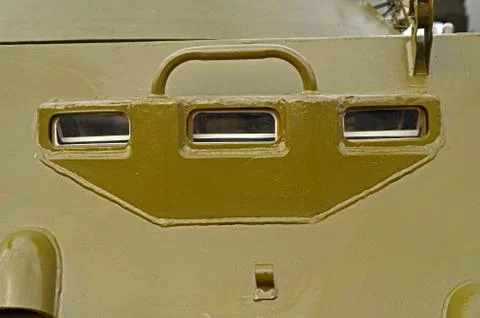 Window for viewing in a protective shield on Russian patrol vehicle Stock Photos
