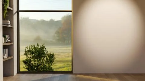 Window wall with outside scenery in a white wall room with build in shelf a.. Stock Illustration