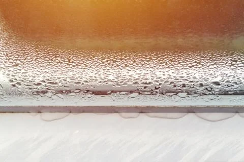 Window with water drops closeup, inside, selective focus Foto stock
