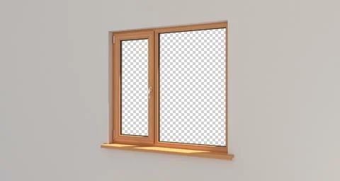 Window. White wall. Transperent background. Wooden window. 3D rendering. Stock Illustration