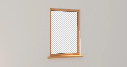 Window. White wall. Transperent background. Wooden window. 3D rendering. Stock Illustration