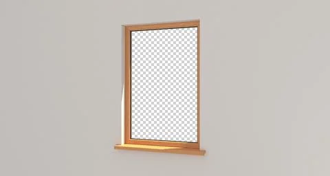 Window. White wall. Transperent background. Wooden window. 3D rendering. Stock Illustration