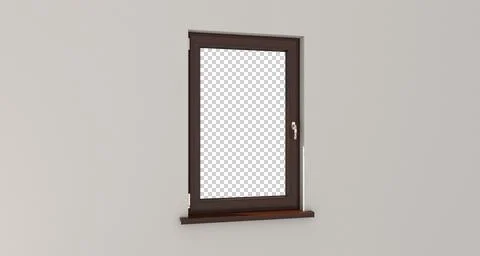 Window. White wall. Transperent background. Wooden window. 3D rendering. Stock Illustration