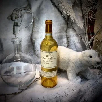 Window of a wine store decorated in winter and christmas colors Stock Photos