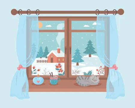 Window with winter day view, sleeping cat, candle and a mug of coffee on th.. Stock Illustration