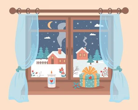 Window with winter night view, gift box, candle and holly on the sill. Wint.. Stock Illustration