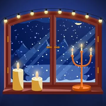 Window with winter view at night. Candles, candle holder and light garland on Stock Illustration
