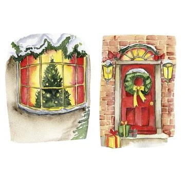 Window in winter with yellow light from it and red door. Watercolor Christm.. Illustrazione stock