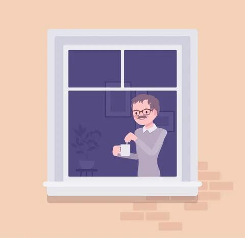 Window with young man brewing tea in a mug behind Ilustración de archivo