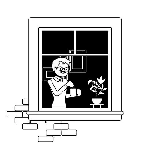 Window, young man brewing tea in a mug behind. Ilustración de archivo