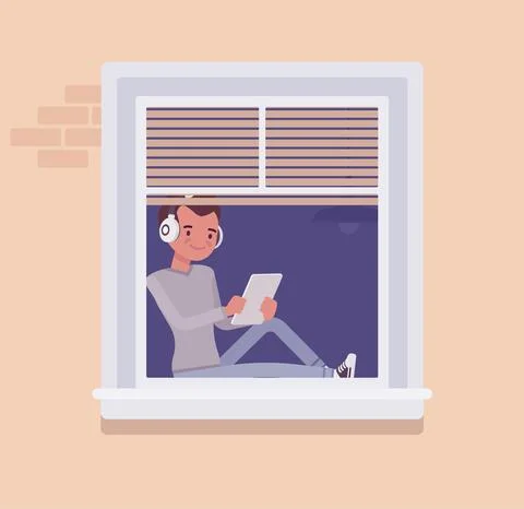 Window with a young man sitting behind with tablet Stock Illustration