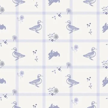 Windowpane Plaid Pattern with flowers, ducks and rabbits Seamless Stock Illustration