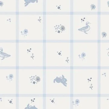 Windowpane Plaid Pattern with flowers, ducks イラスト素材