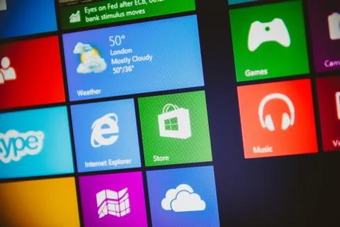 Windows 10 main screen with all apps running in Metro interface 写真素材