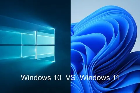 Windows 11 versus Windows 10. A new operating system update from Microsoft. Stock Photos